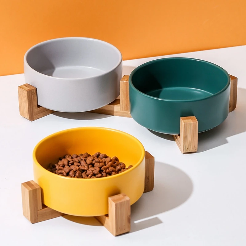 

Ceramic Round Dog Cat Bowl Durable Ceramic Food Water Elevated Dish Food Feeder Dog Bowl for Pet with Wood Stand