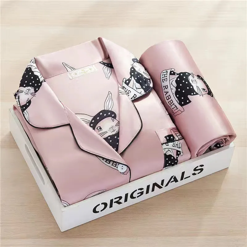 

Women Summer Pink Rabbit Print Satin Pyjamas 2 Piece Pajama Set Satin Everyday Sleepwear Luxury Silk Pajamas, Multi colors