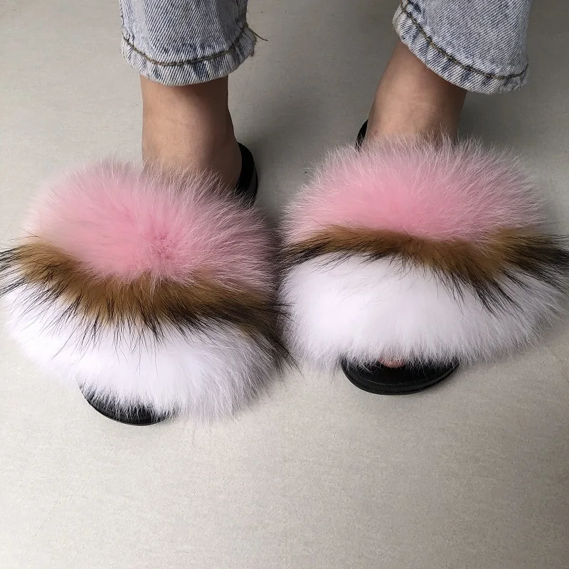 

wholesale women brown real fox raccoon fur slippers fur slides