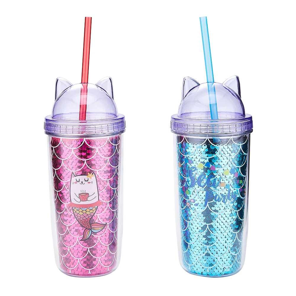 

Wholesale products custom clear reusable drinking double wall glitter plastic cat ear drinking cup with straw lids, Customized color