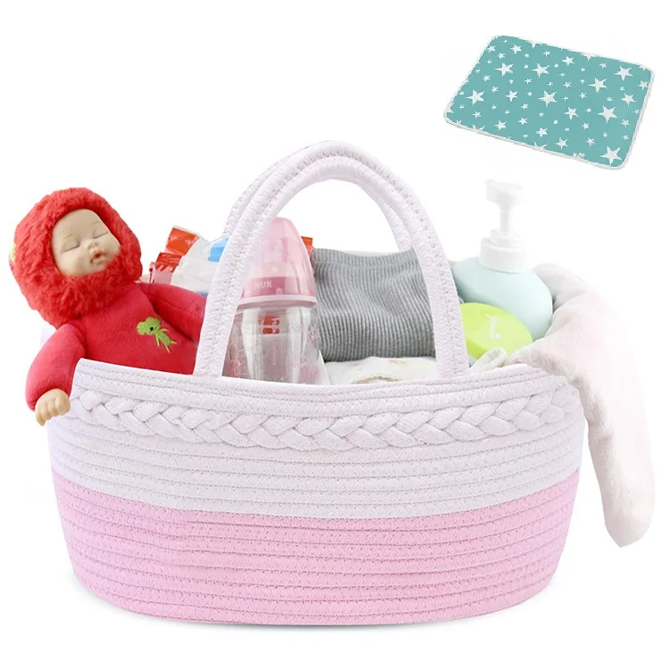 

Baby Rope Diaper Caddy Organizer-Stylish Nursery Storage Bin 100% Cotton Diaper Caddy Organizer Basket with Changing pad, Pink and white