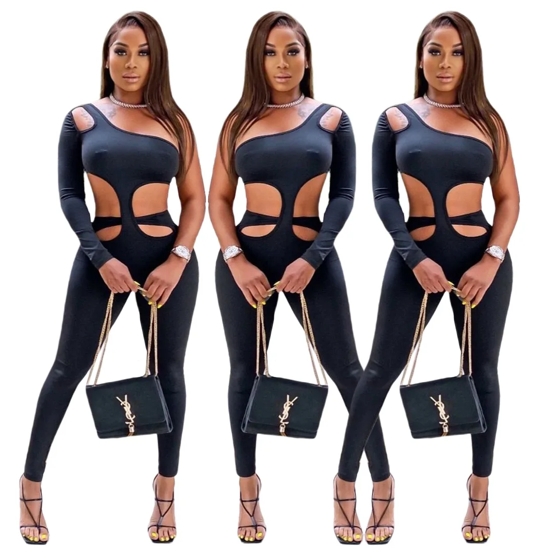 

2022 Women Sexy Jumpsuits Long Sleeve Hollow Out Elegant Bodycon One Piece Jumpsuit for Women