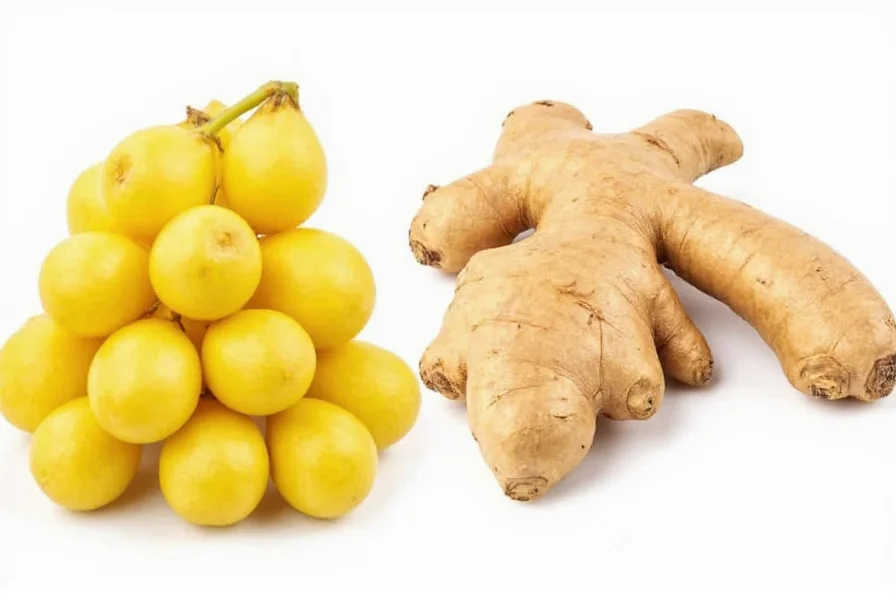 Side-by-side comparison of galangal and ginger rhizomes showing galangal's smoother texture and paler color versus ginger's knobbier appearance and darker skin