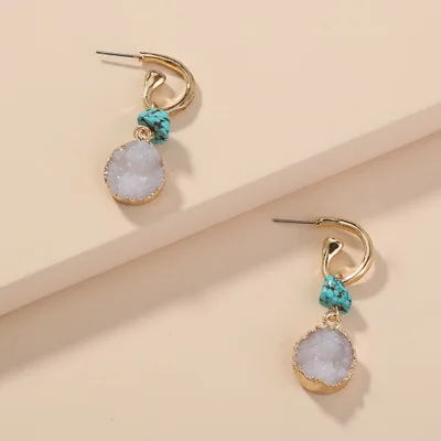 

Simple Design 18K Gold Plating C Circle Turquoise Earrings White Round Crystal Cluster Drop Earrings