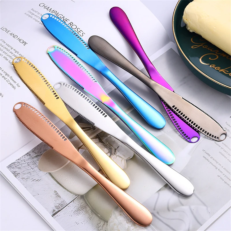 

Hot Multi-function Dinner Knife Butter Spreader Kitchen Tools Stainless Steel Butter Knife For Cold Butter Chocolate Soft Cheese, Silver/gold/rose gold/colorful/black/blue/purple