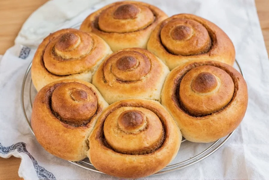 Traditional Swedish fika setting with kanelbullar, coffee cup, and simple ceramic plate on wooden table
