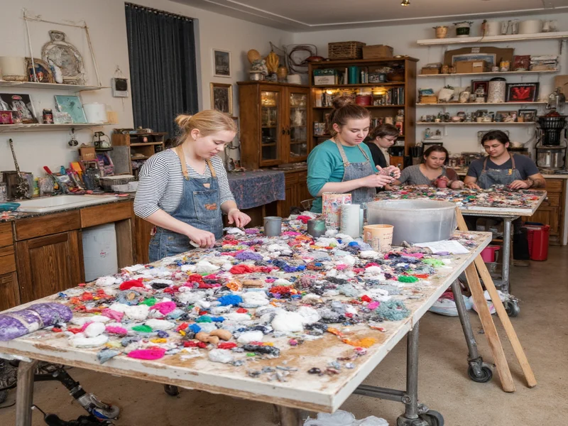 Artists collaborating on upcycled material projects in shared studio