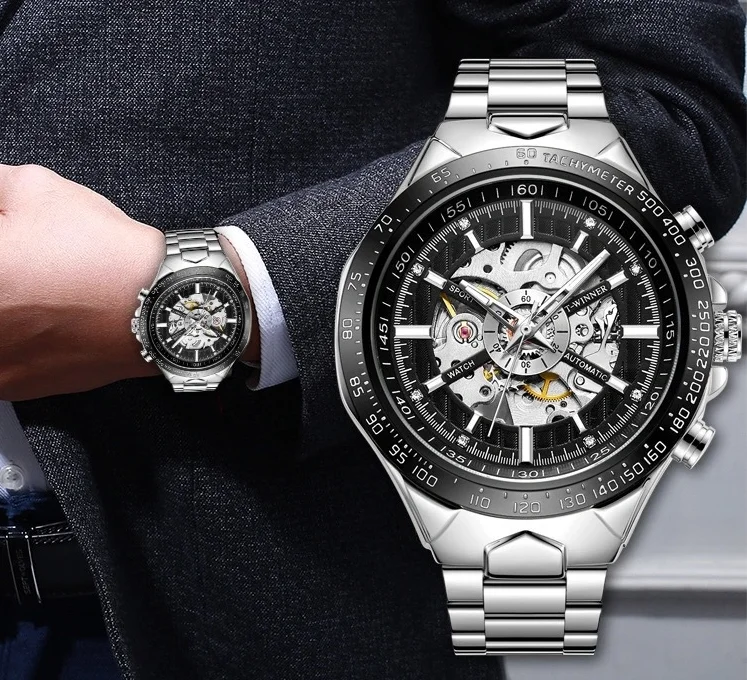 

Winner reloj Watch Luxury Man Diamond Skeleton Automatic Steel Bnad Waterproof Mechanical Men Watches Luminous Business Clock