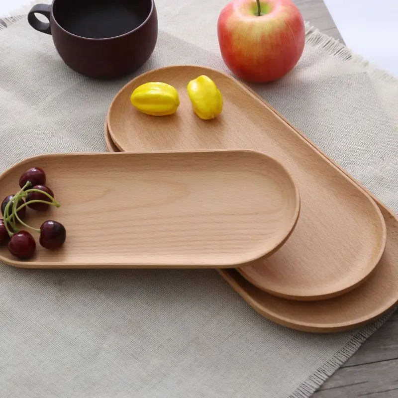 

China Manufacture Japanese Tableware Wooden Tray Beech Oval Tray Mini Solid Wood Small Plate, Wood color