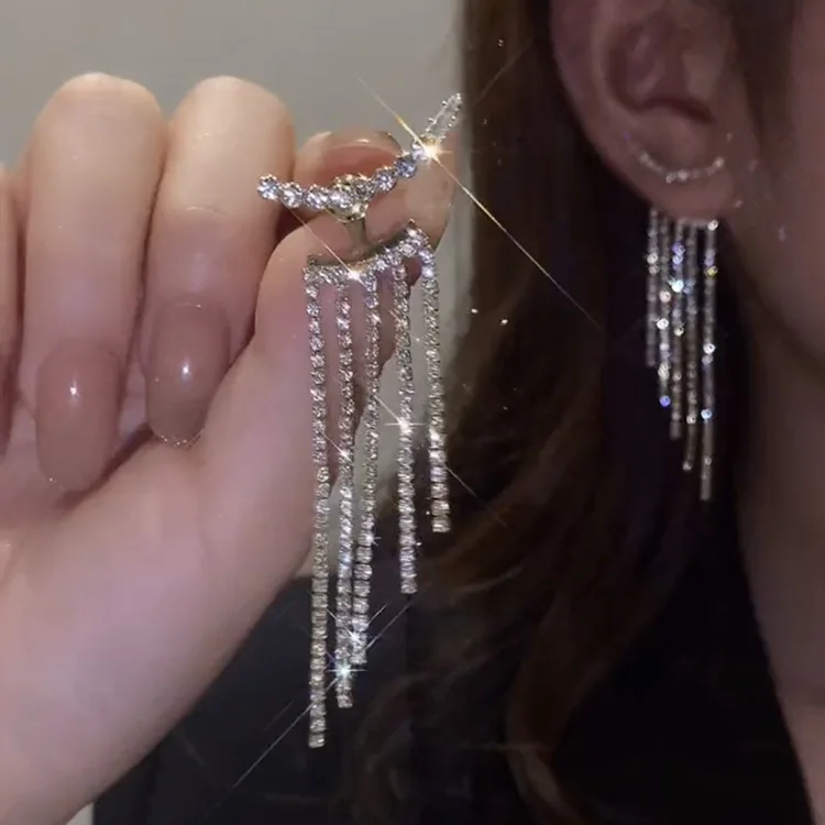 

Luxury Bling Bling Crystal Fringe Tassel Earrings Women 925 Sterling Silver Post Crystal Rhinestone Dangle Earrings for Party