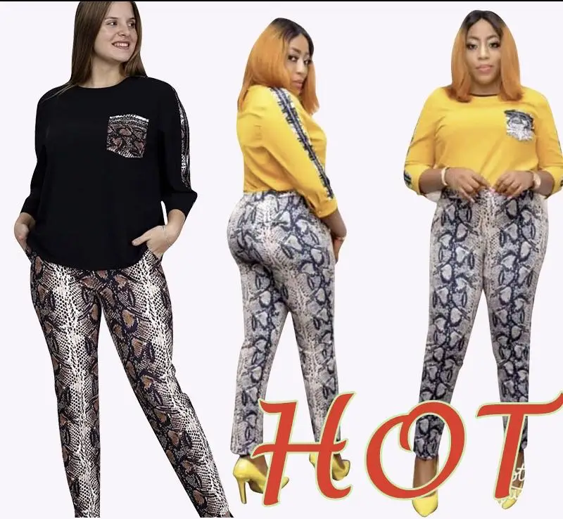 

2020 summer new arrival turkey women two pieces set snake skin printed pants&casual shirt, Yellow orange black camel or customized