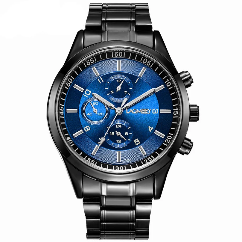 

FNGEEN Student Ultra-thin Black Watch Mens Sports Three-eye Six-Pin watch Stainless Steel Black Relogio Masculino 5308, 12-colors