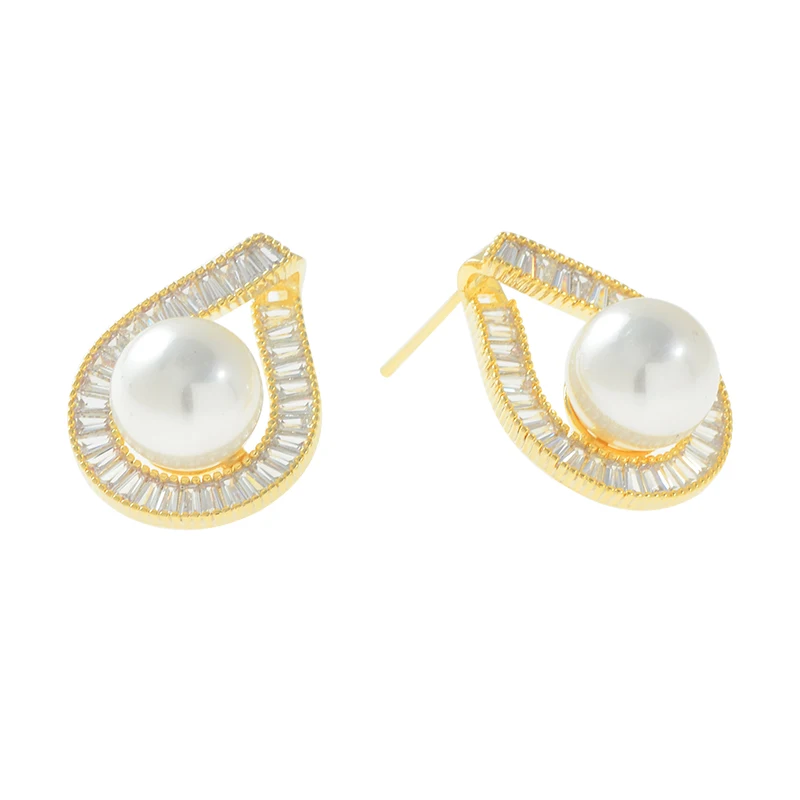 ED62960 Fashion design gold plated brass women jewelry inlaid diamond pearl stud earrings