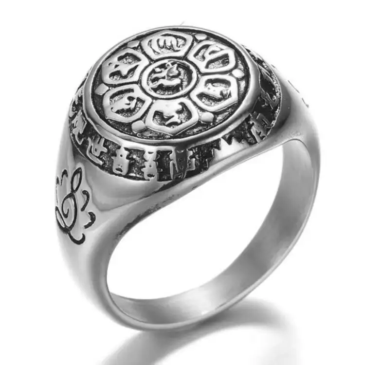 

New Style Stainless Steel Lotus Chinese Character Shape Ring Jewelry Men Vintage Personality Hand Jewelry Accessories