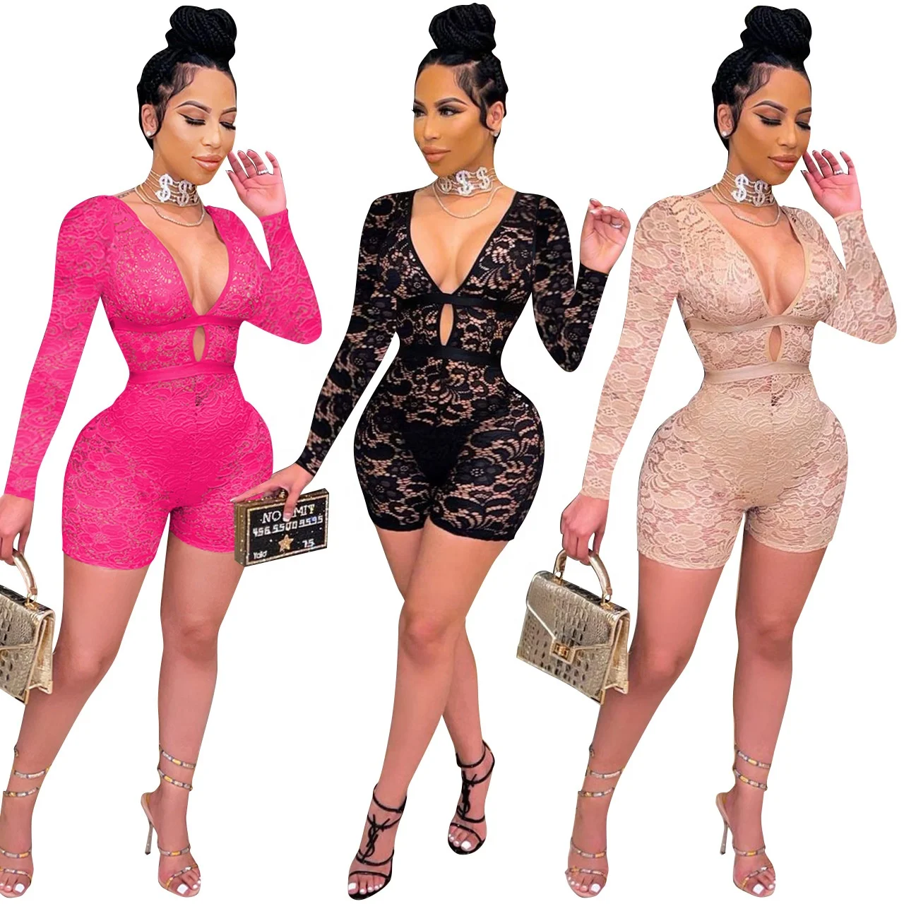 

Hot Sale Women Long Sleeve Romper Lace Sexy Slim Package Hip Perspective JumpSuit