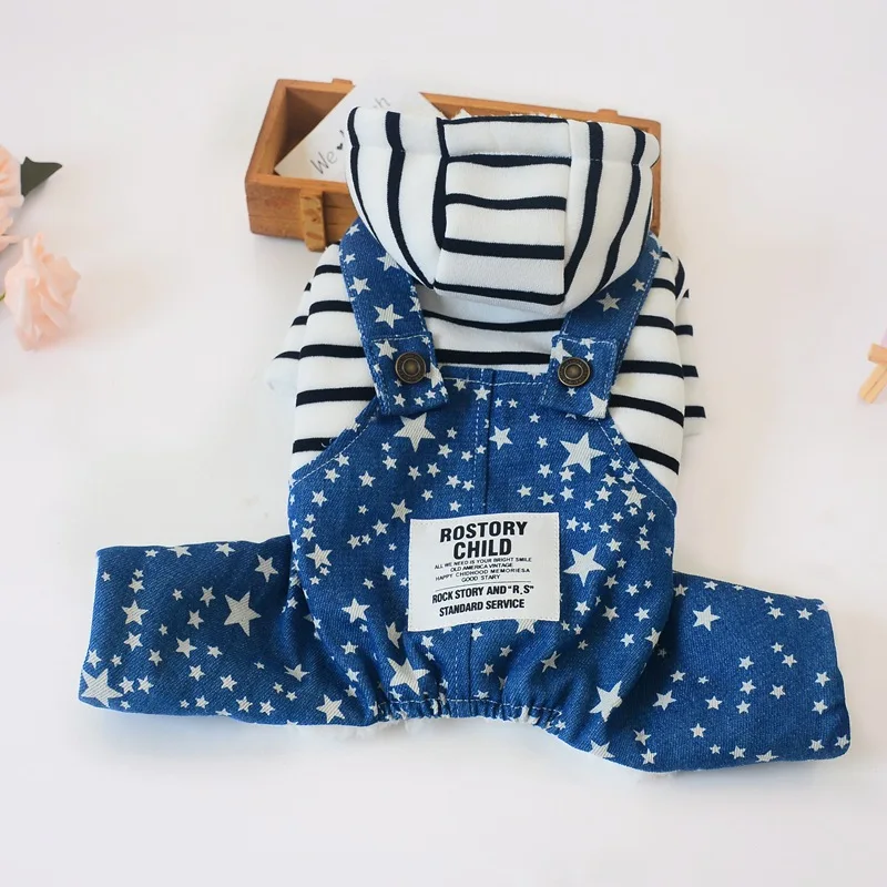 

Wholesale Star Printed Pet Denim Overalls Dog Winter Thick Clothes Four-legged Dog Striped Hoodie