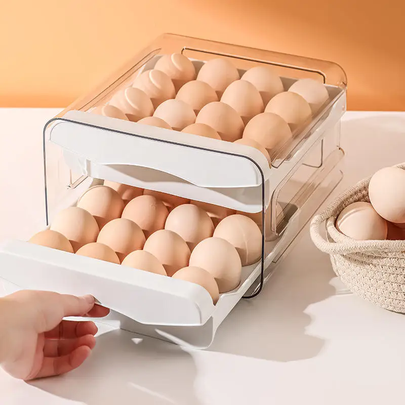 2 Tier Plastic Egg Storage Holder Tray With Lid Egg Organizer for Refrigerator 32 Grid Drawer Type Egg Storage Box