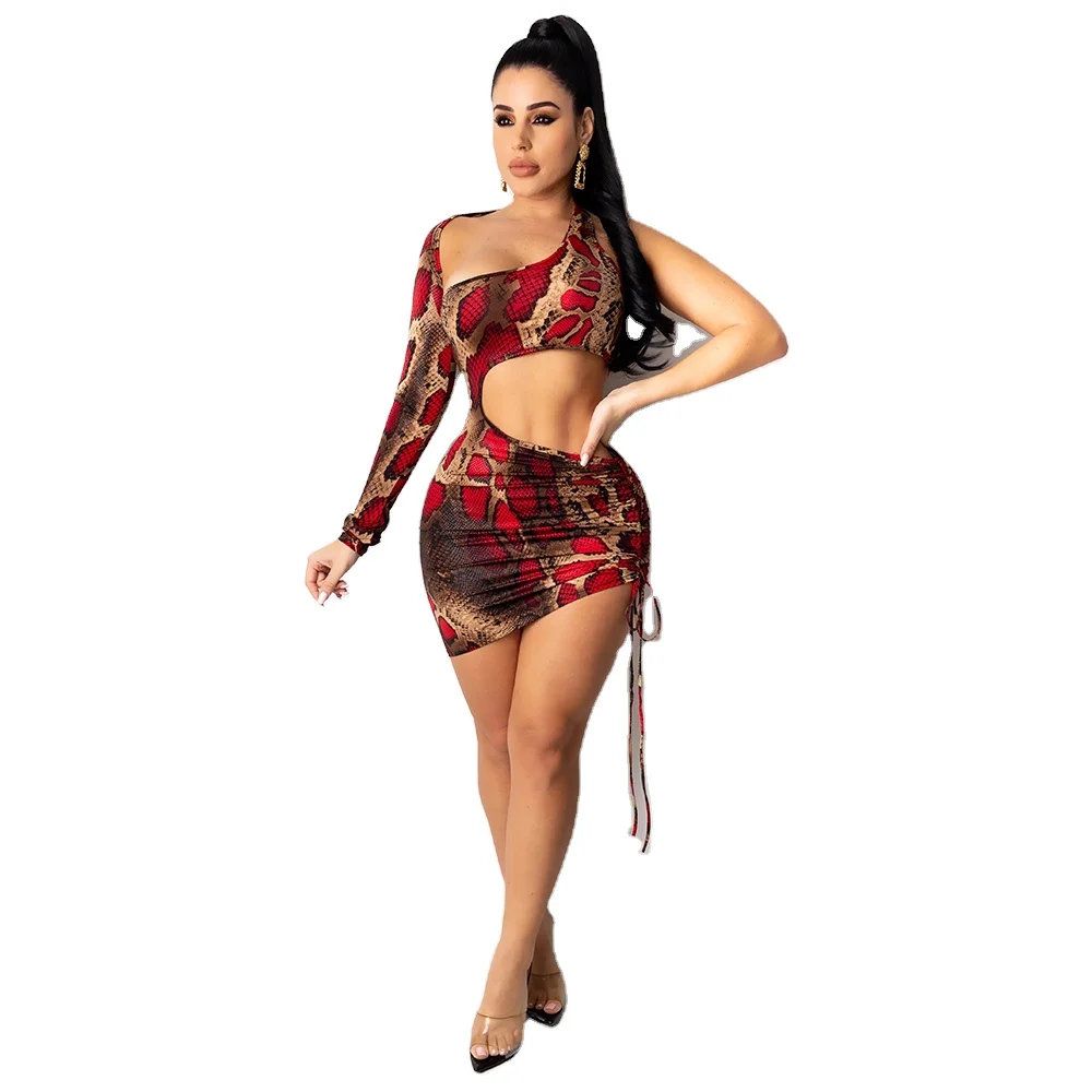 

2021 Women's sexy club dress body con full sleeve slant neck print one shoulder long sleeve Mini Party Dress