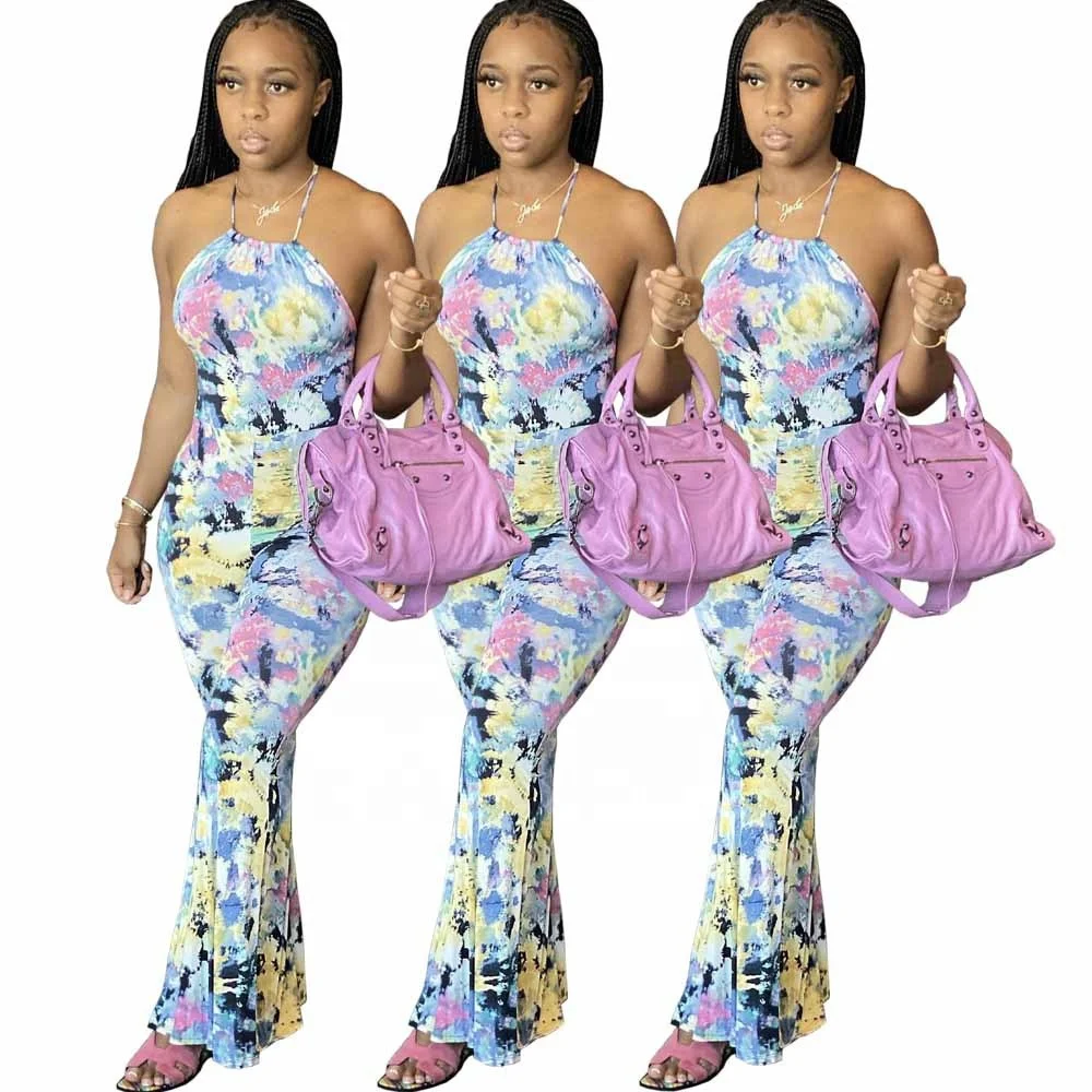 

B61545A European and American popular tie-dye printed backless jumpsuit, As picture