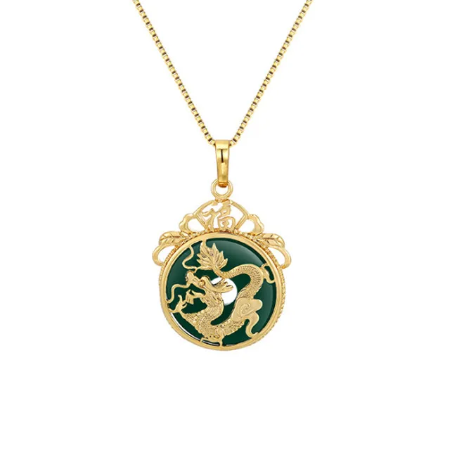 

Gold Chinese Tibet Green Agate Pendant Dragon Necklace