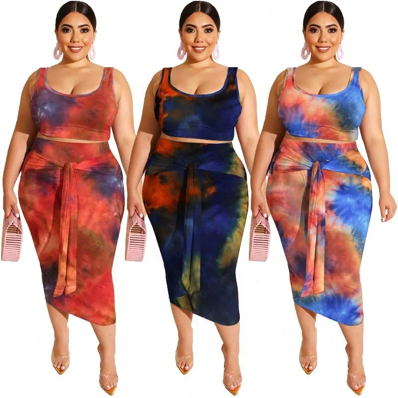 

21 Colors Sleeveless Lace Up Two Piece Set Tie Dye Dress Women Plus Sized Dress Long Bodycon Dress
