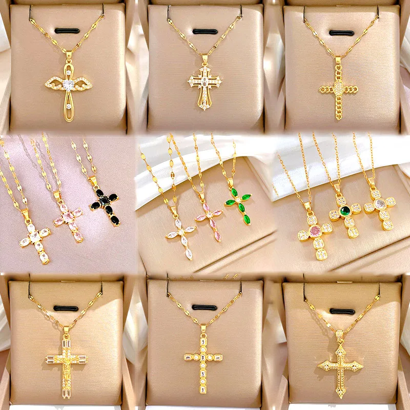 

Dainty 18 Gold Plated Stainless Steel Cubic Zirconia Cross Pendant Necklace Women Shiny Colorful Zircon Necklace For Gift