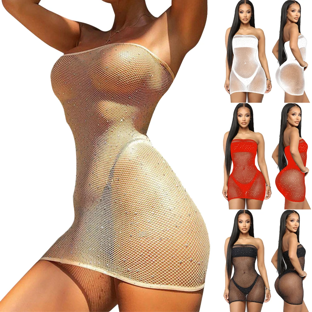 

sexy lingerie Women erotic Mini Dress Mesh Rhinestone Fishnet Bodystockings Ultrathin Sleepwear sexy underwear, White, red, black, khaki