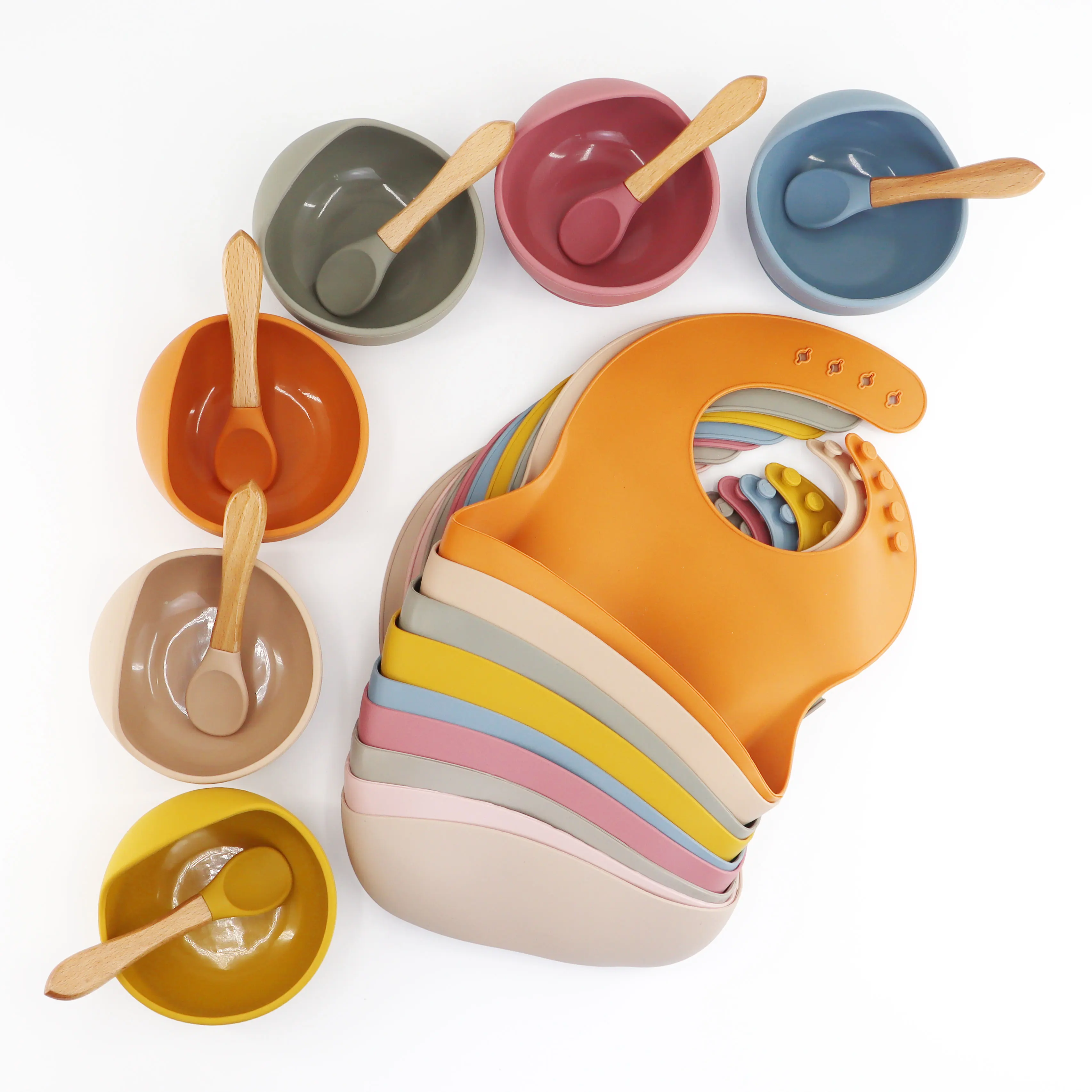 

Customzied Logo Silicone Baby Feeding Set High Quality Slicone Baby Suction Bowl Spoon Set With Bibs, Customized color