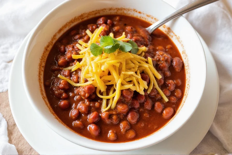 Three-bean vegan chili served warm