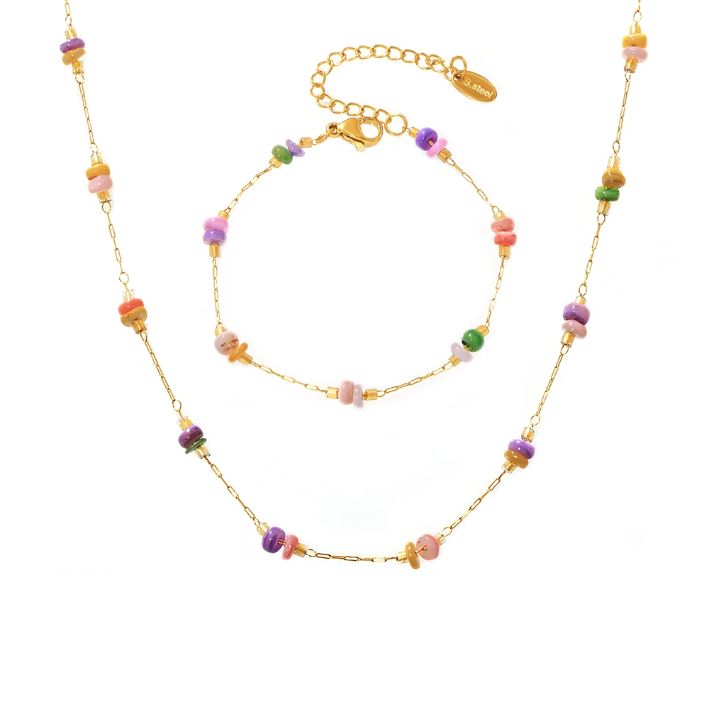 Hot Fashion Trend  Stainless Steel 18K Gold Plated Double-layered Coloured Natural Stones Luxury Jewelry Sets  for Women