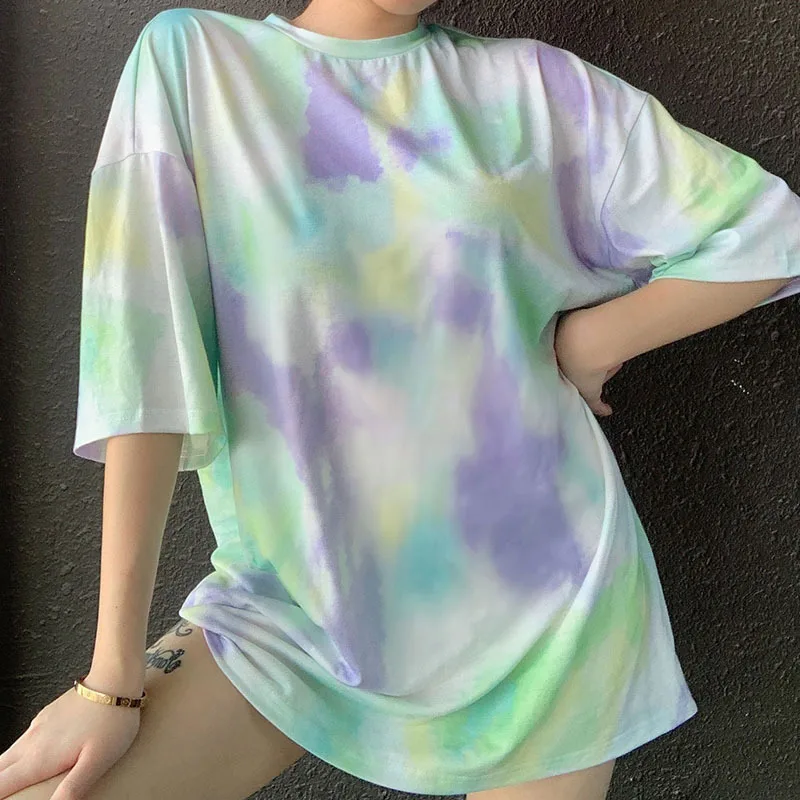 

Trendy Summer Tie Dye O Neck Short Sleeve Oversized Graphic Women T Shirts, Customized
