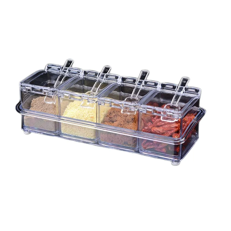 

Transparent 4 Grid Kithcne Seasoning Cans Kitchen Spice Rack Condiment Bottles Pepper Shakers Box