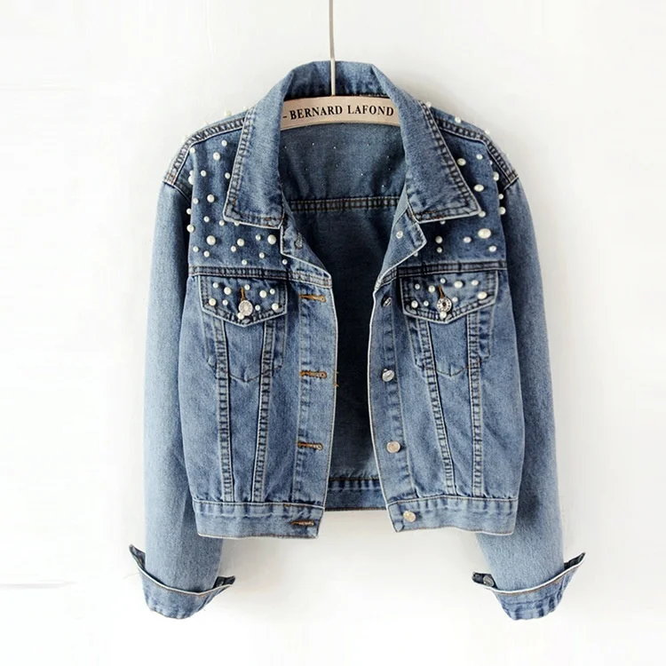 

Fashion High Quality Ladies Rhinestone Pearls Beading Blue Denim Coat Jacket Plus Size Women Jean Jacket With Pearl, Blue, black