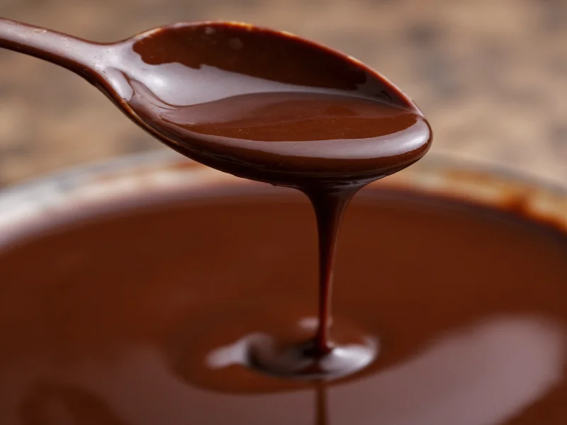 Glossy chocolate ganache dripping from spoon