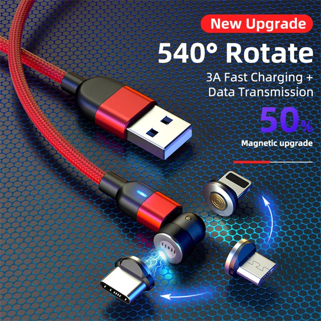 

Fast charge 540 degree free rotation 1M 1.5M 2M magnetic usb cable 3 in 1 fast charge mobile phone adapter USB Type C Cable, Black red purple