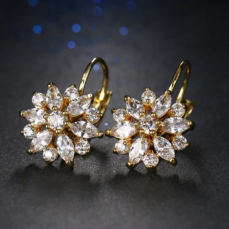 

CZ Zircon Jewelry Flower Shape Hoop Earrings Luxury Dangle Drop Flower Hoops Earrings