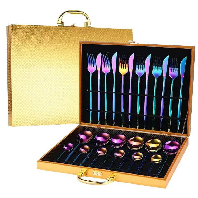 

Amazon gold plated stainless steel flatware set fork spoon set stainless steel 24pcs Cutlery Set with wooden box, As shown or customized color