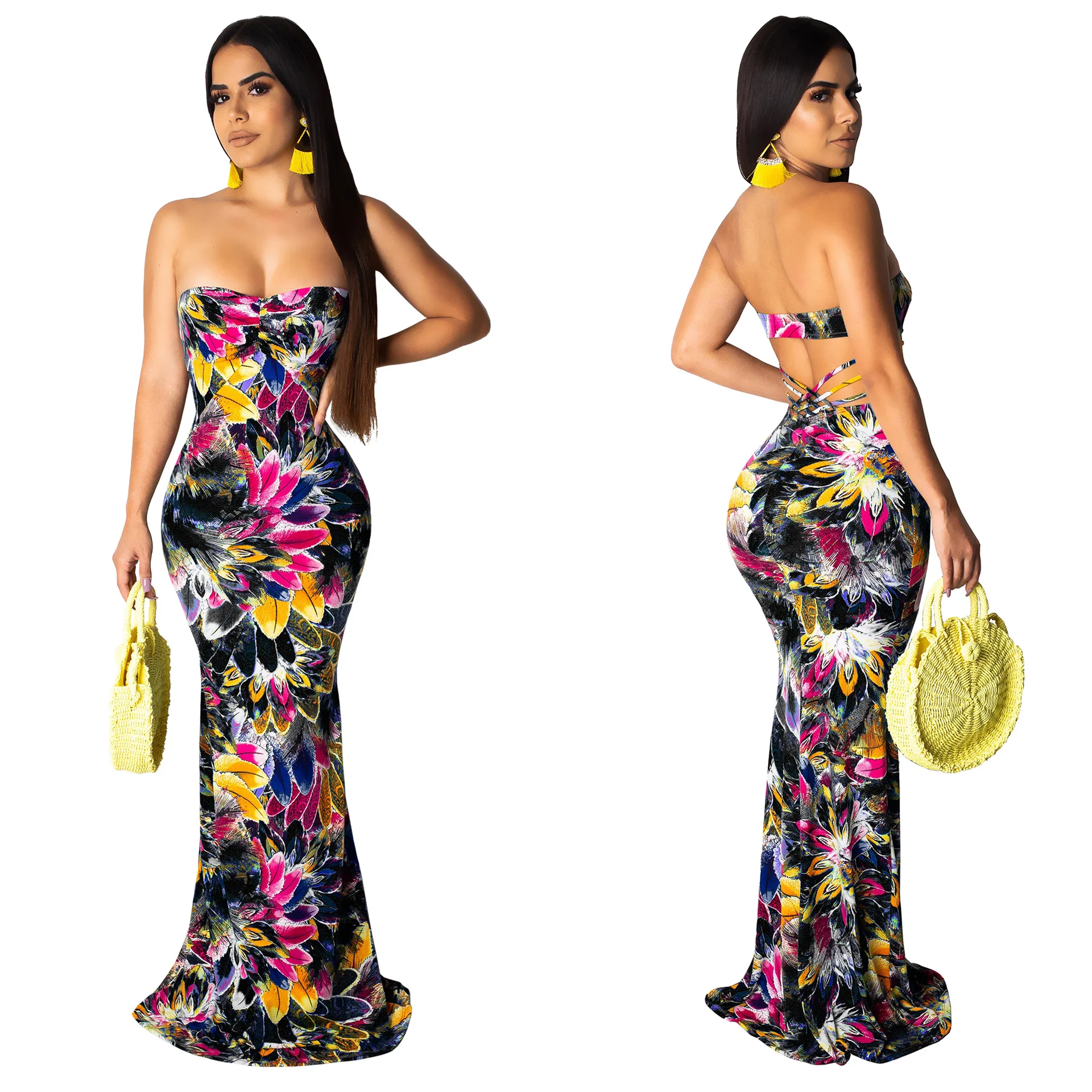 

new women colorful stripes strapless bodycon mermaid maxi midi dress beach party club long dresses beach outfit