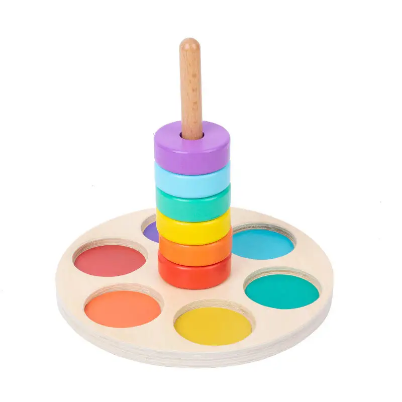 2025 New Arrival Children Wooden Rainbow Ferrule Sorting Board Column Montessori Educational Color Matching Block for Kids
