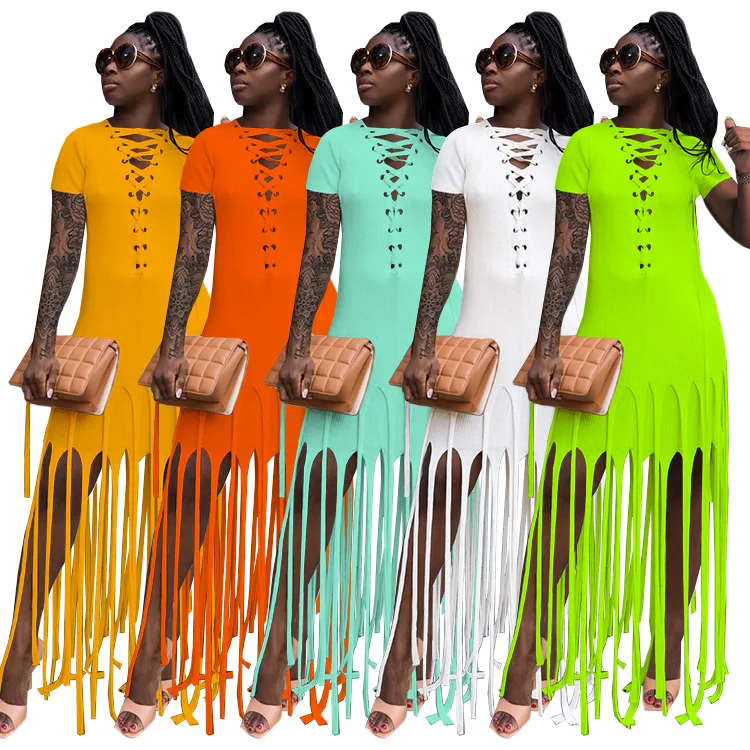 

JM033 Fashion sexy tassel lace up ladies casual dress summer maxi t shirt dresses