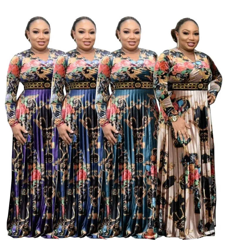 

2021 Fashion African Women Print Casual Dress Free Size Polyester Pleated Long Dress Diamond Beads Luxury Skirt For Ladies, Picture shown