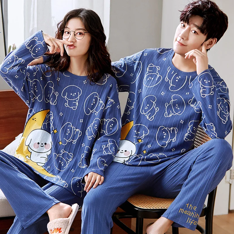

Korean women Sleepwear long sleeves pure cotton large cartoon men home suit couple pajamas, Picture shows