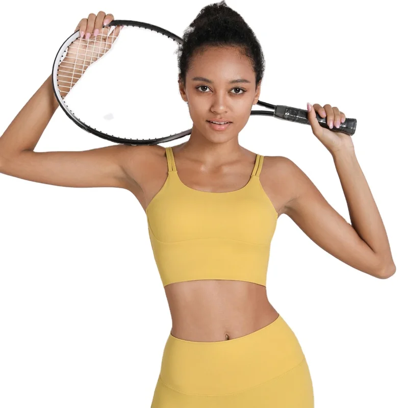 

Ladies new thin strap beauty back exercise underwear solid color nude feel shockproof yoga bra vest workout underwear