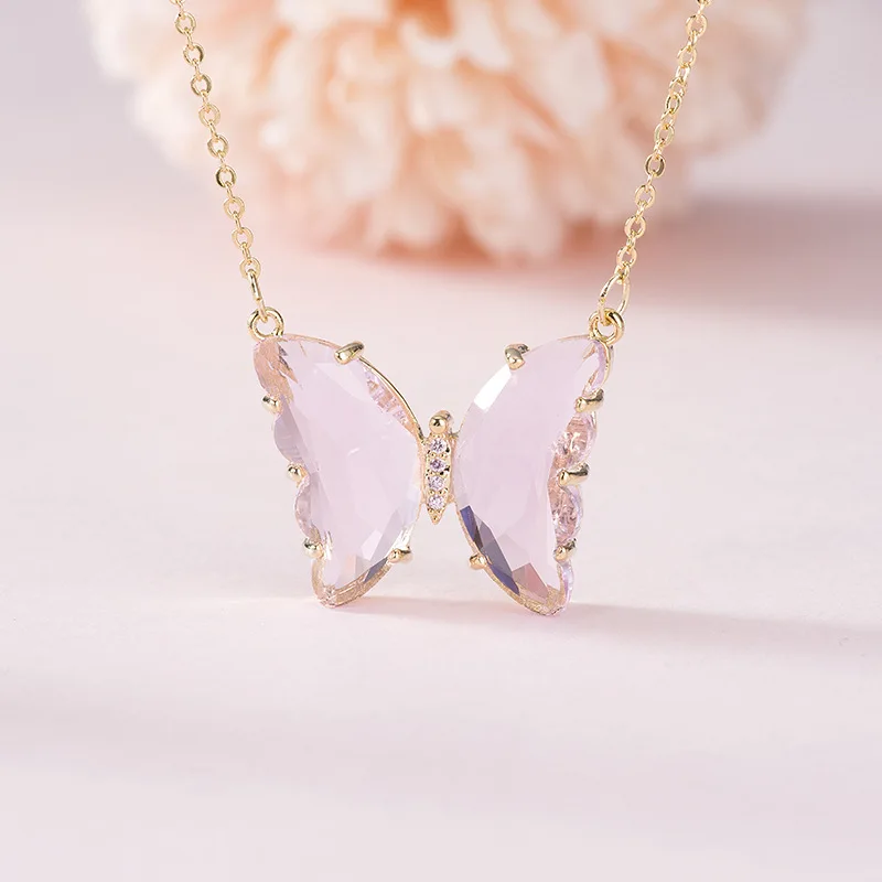 

Girl's Dream Colorful Crystal Glass Butterfly Necklace European Style Short Clavicle Chain, Gold