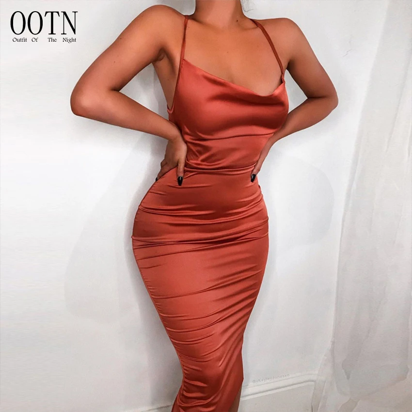 

OOTN Sleeveless Backless Elegant Party Outfits Sexy Club Clothes Vestido Neon Satin Lace Up Summer Women Bodycon Long Midi Dress