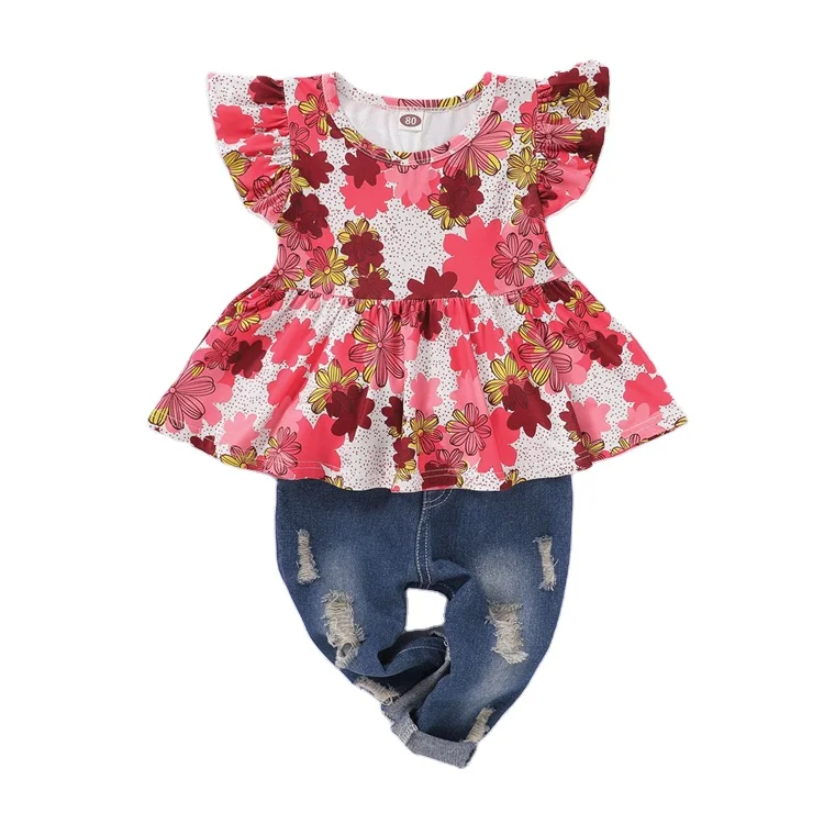 

Sleeveless bright flower top skirt + Hole Jeans girls stylish kids clothing set