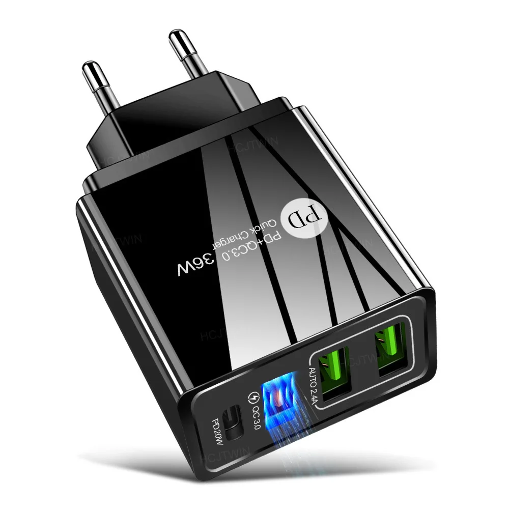 

New Style Mobile Phone 36W EU US UK Charger For Cell Phone Multi Port USB QC3.0 PD Type C Fast Charge, Black white