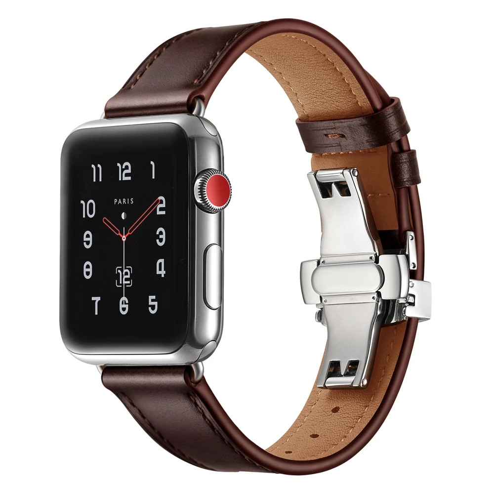 

Silver/Black/Rose Gold Folding Butterfly Buckle Genuine Leather Wrist Watch Strap For Apple 38/40mm 42/44mm Watch Band
