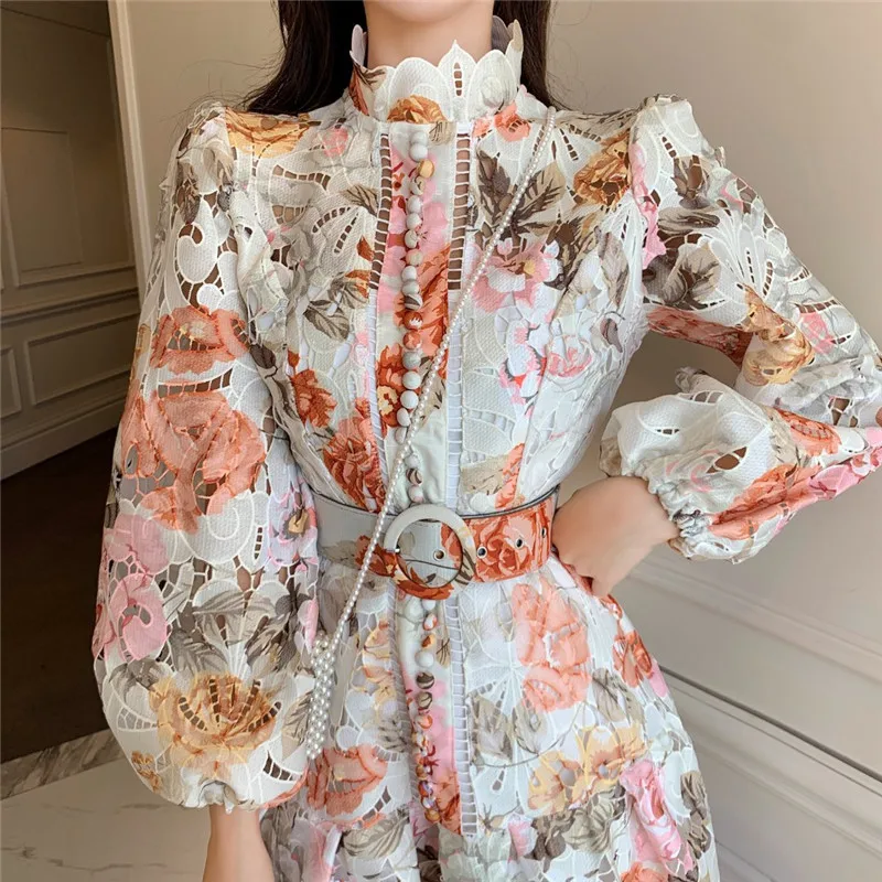 

2021 Spring New Color Floral Hollow Stand Collar Long Sleeve High Waist Button Dress Short Skirt Dress, Optional