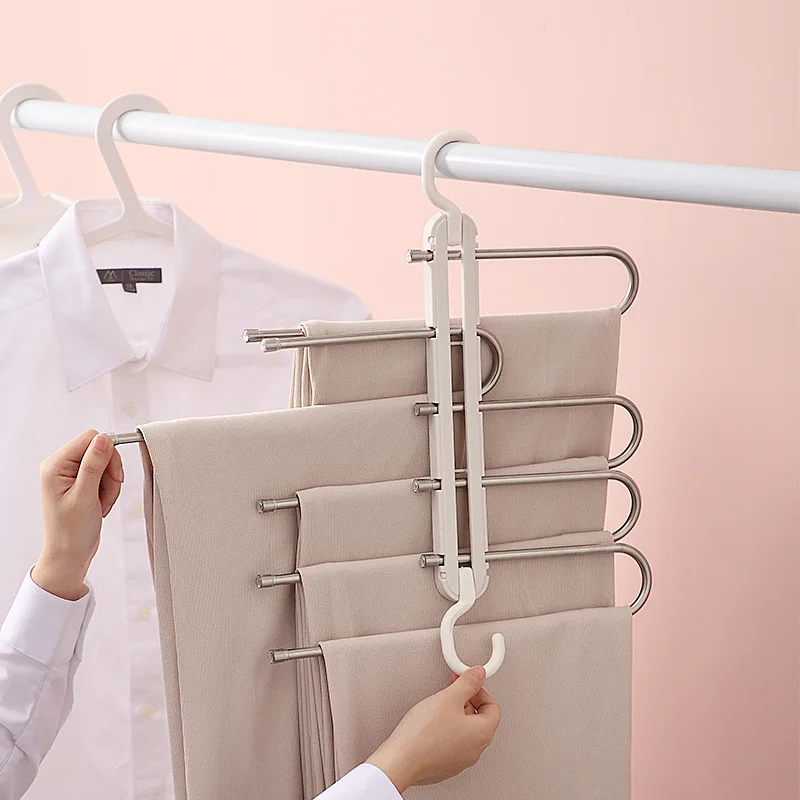 

Multifunctional retractable 5 in 1 folding pants rack magic foldable Plastic metal clothes pants hanger, Blue, pink, green, gray